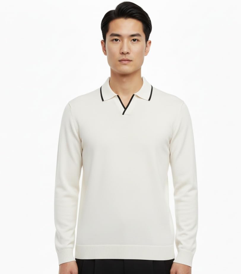 BREXO Men’s Full Sleeve Knitted T-Shirt with Collar Stripe | Premium Old Money Style | Soft Cotton Blend | Casual & Classy Wear