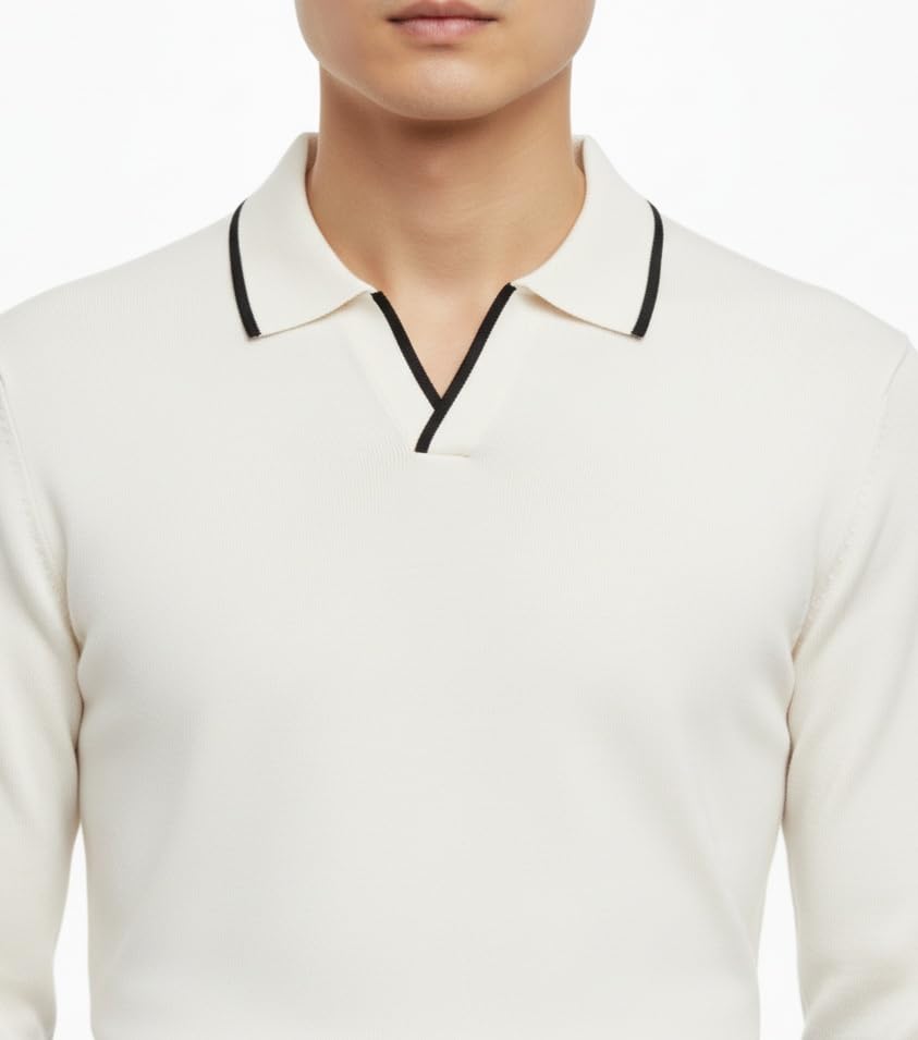 BREXO Men’s Full Sleeve Knitted T-Shirt with Collar Stripe | Premium Old Money Style | Soft Cotton Blend | Casual & Classy Wear