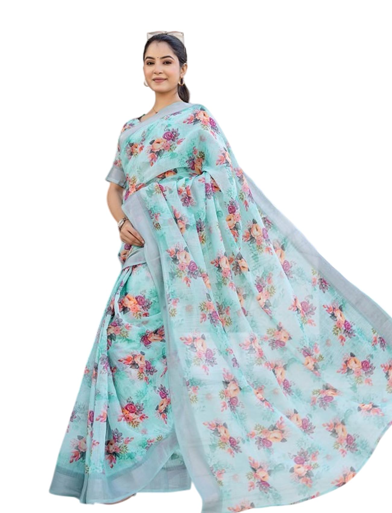 Ki2 FASHION Women Digital Printed Linen Cotton Zari Border Saree with Unstitched Blouse Piece