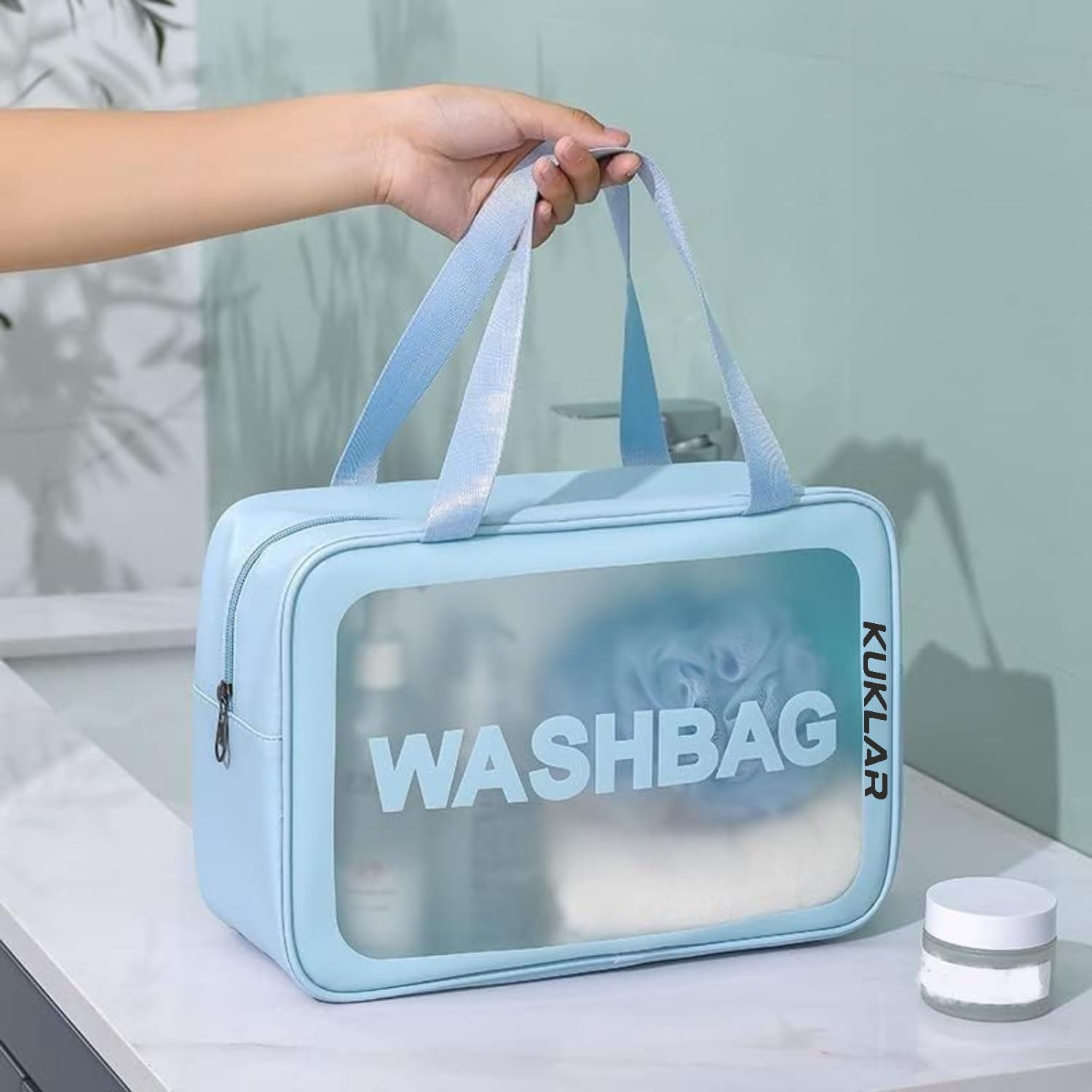 KUKLAR Wash Bag Pouch for Travel Kit Toiletry Bag Cosmetic Bag Make Up Box for Brushes Accessories with Handle Large Capacity Translucent Waterproof Travel Storage Organizer Set of 3 (Sky Blue)