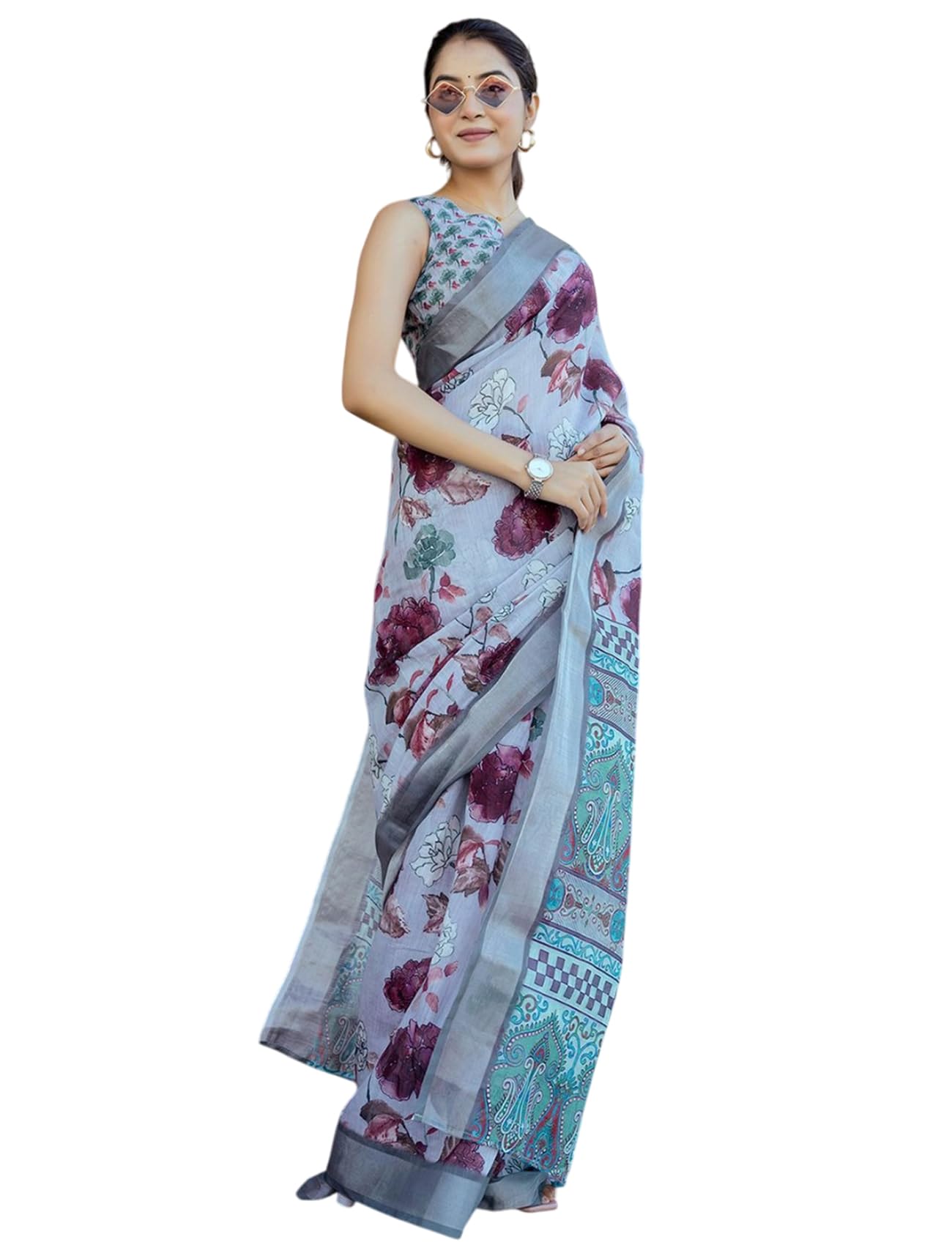 Ki2 FASHION Women Digital Printed Linen Cotton Zari Border Saree with Unstitched Blouse Piece