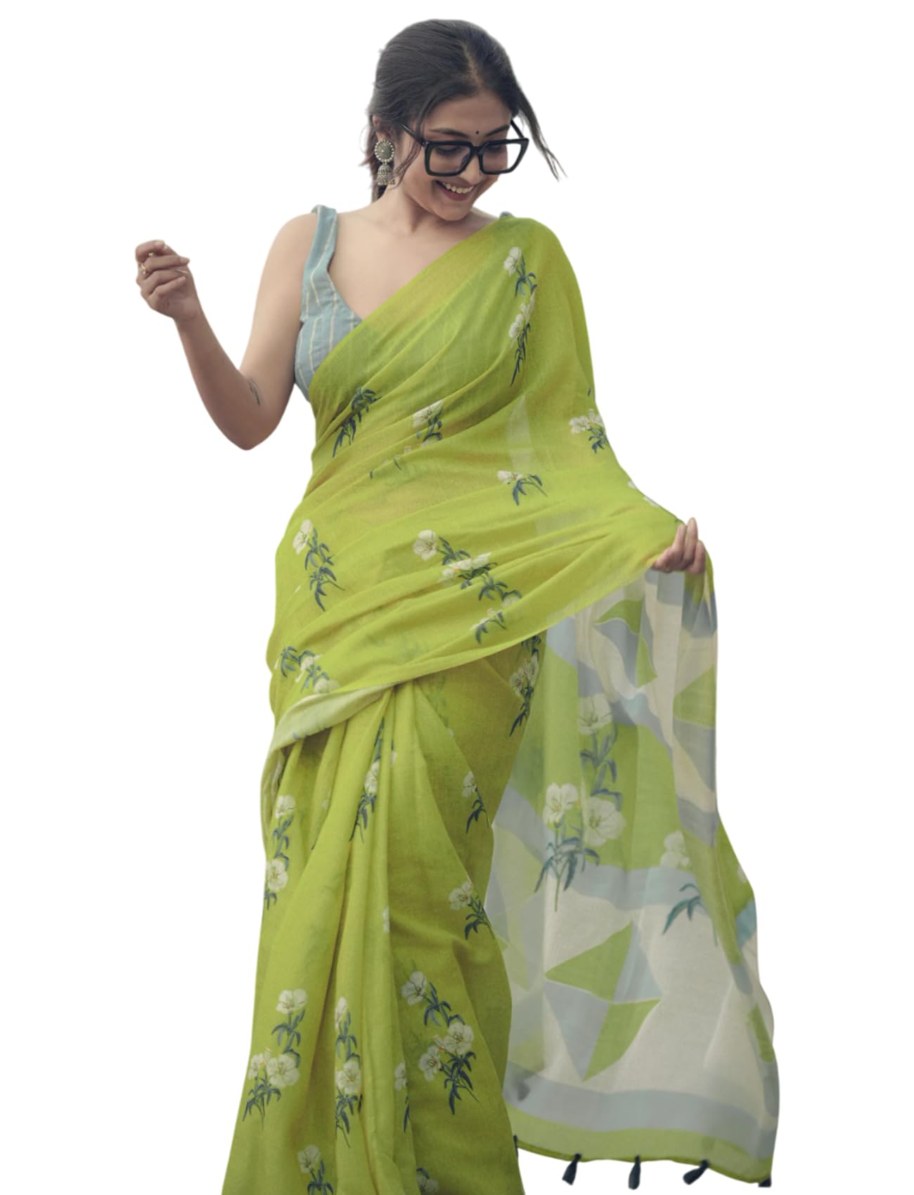 Ki2 FASHION Women Digital Printed Linen Cotton Zari Border Saree with Unstitched Blouse Piece