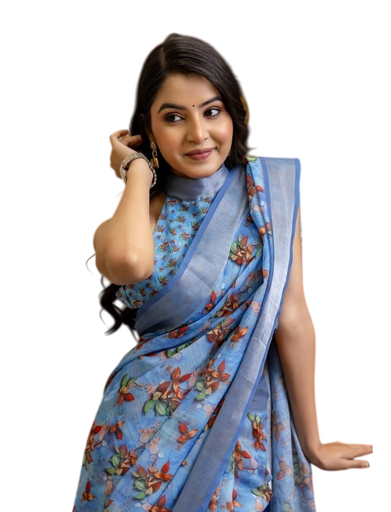Ki2 FASHION Women Digital Printed Linen Cotton Zari Border Saree with Unstitched Blouse Piece