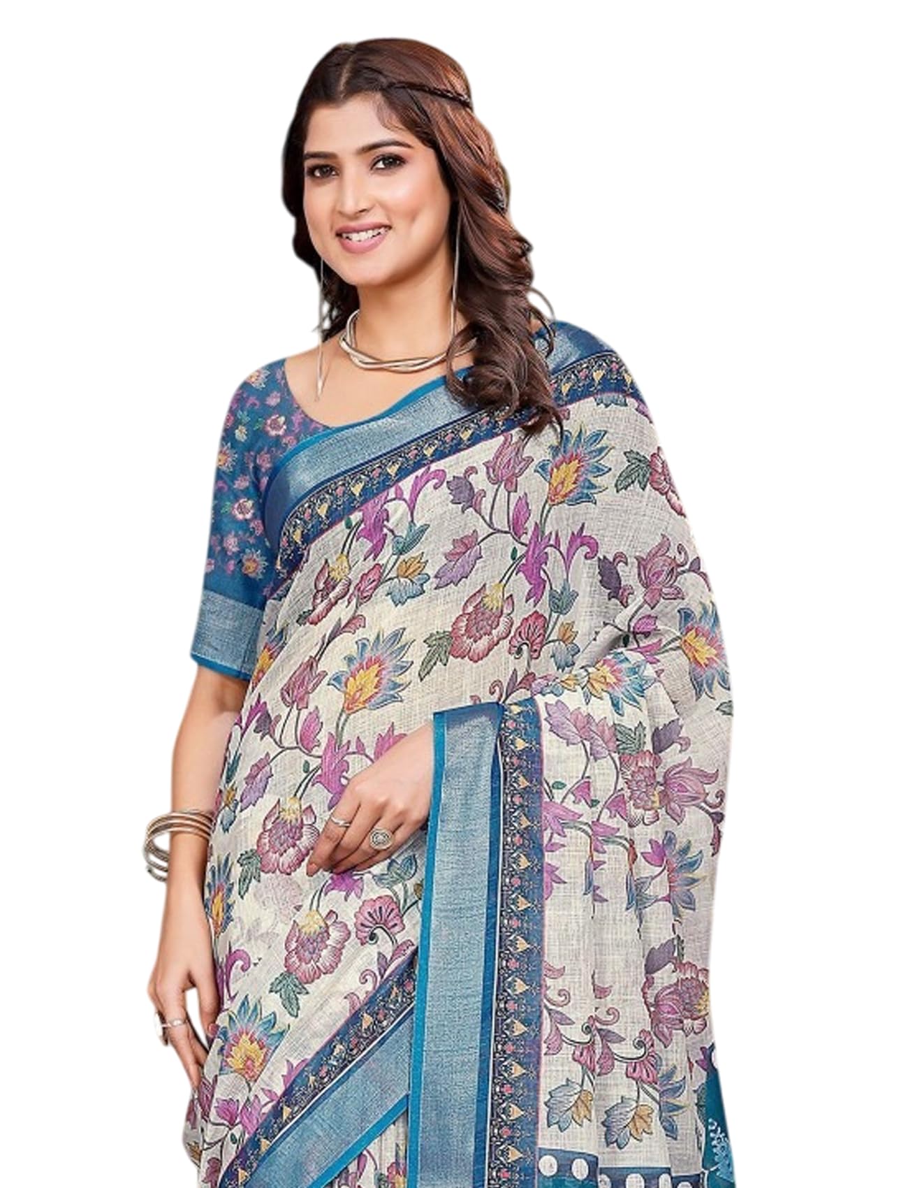 Ki2 FASHION Women Digital Printed Linen Cotton Zari Border Saree with Unstitched Blouse Piece