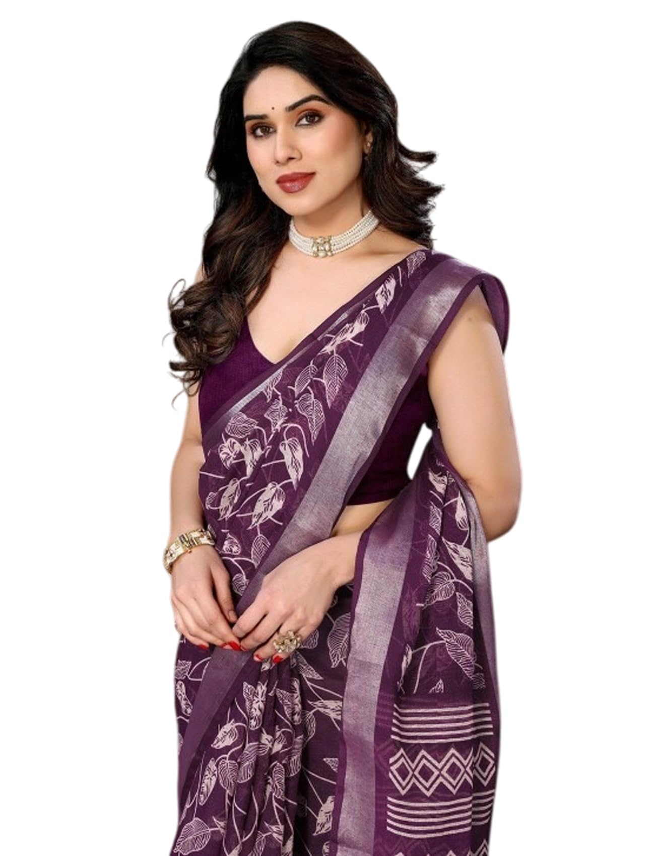 Ki2 FASHION Women Digital Printed Linen Cotton Zari Border Saree with Unstitched Blouse Piece