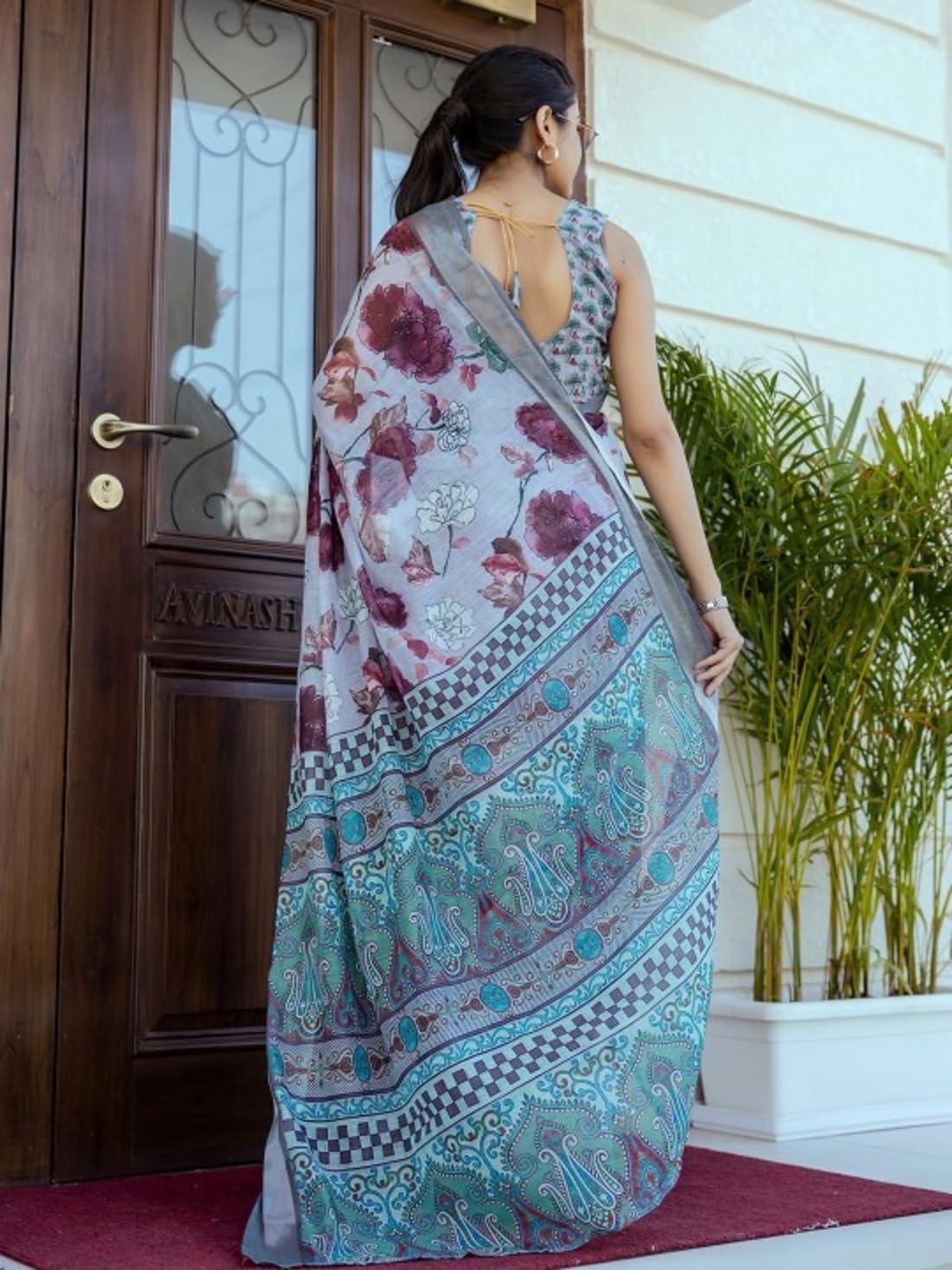 Ki2 FASHION Women Digital Printed Linen Cotton Zari Border Saree with Unstitched Blouse Piece