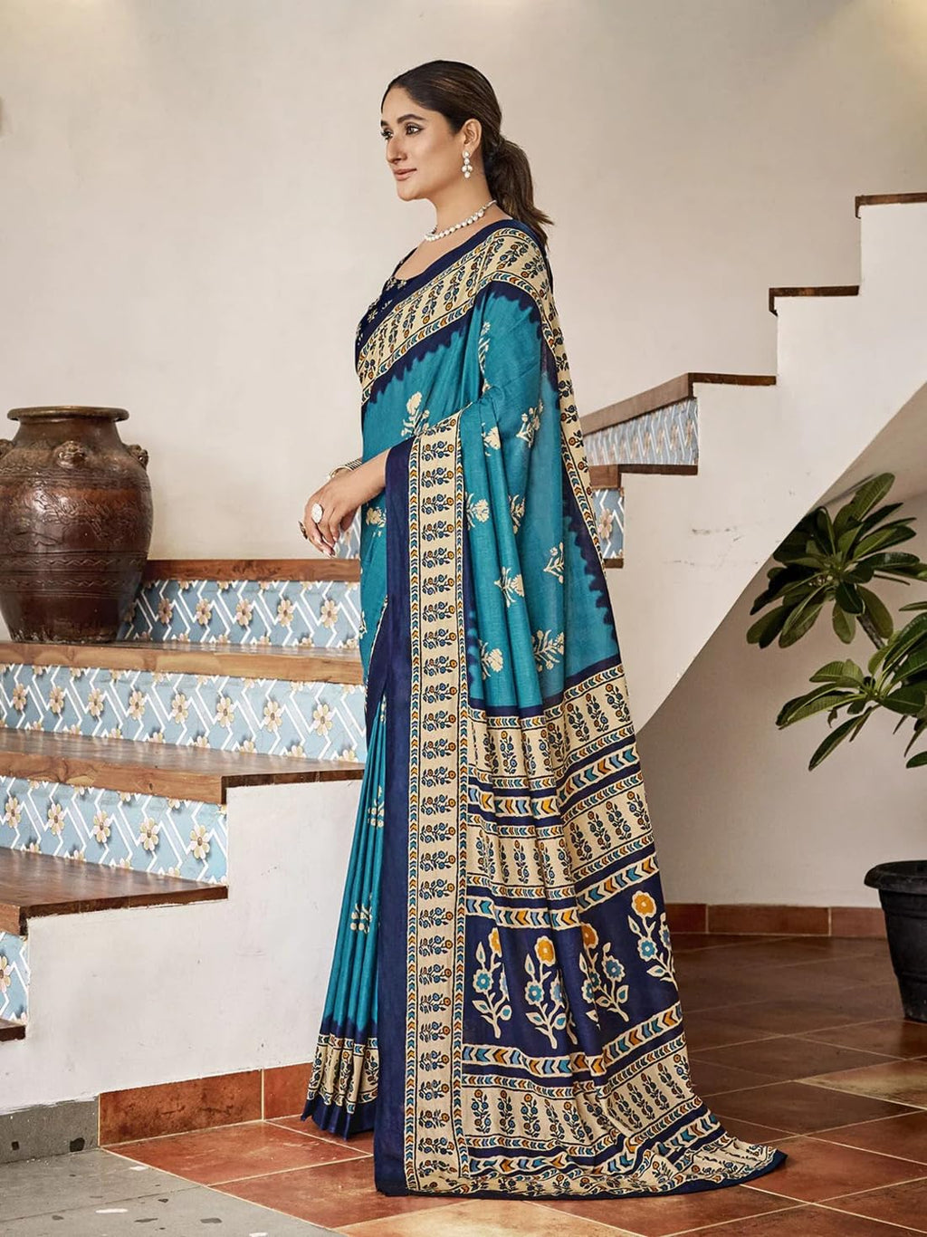 Ki2 FASHION Women Digital Printed Linen Cotton Zari Border Saree with Unstitched Blouse Piece