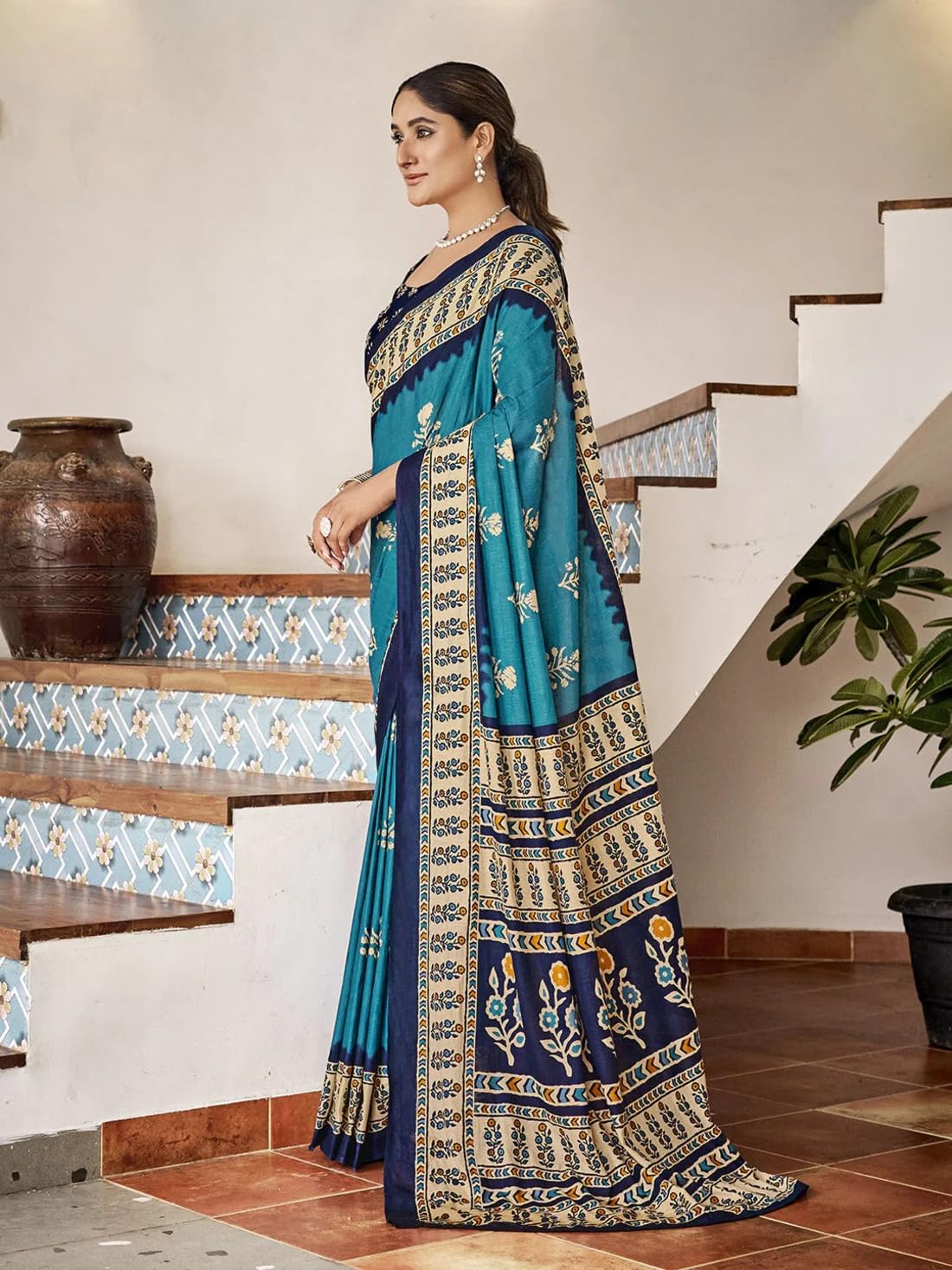 Ki2 FASHION Women Digital Printed Linen Cotton Zari Border Saree with Unstitched Blouse Piece