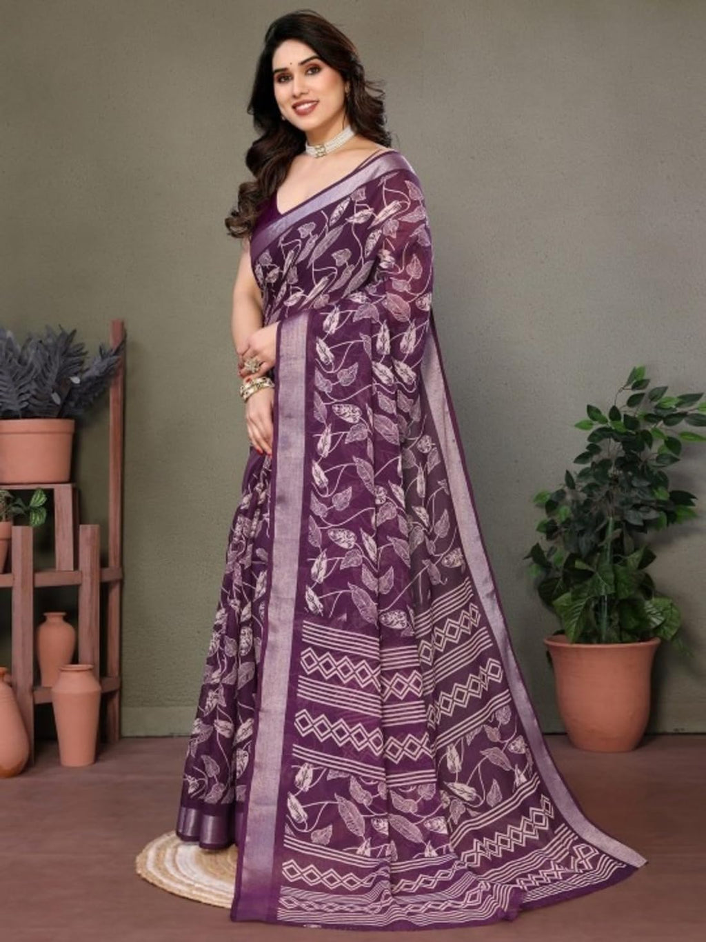 Ki2 FASHION Women Digital Printed Linen Cotton Zari Border Saree with Unstitched Blouse Piece