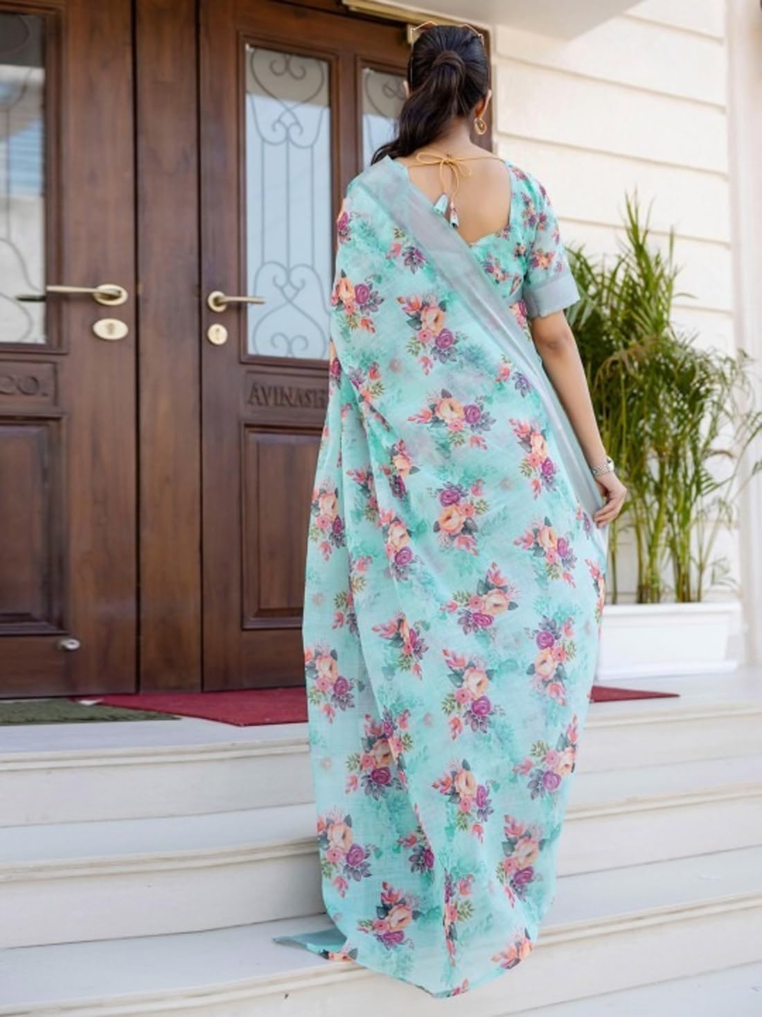 Ki2 FASHION Women Digital Printed Linen Cotton Zari Border Saree with Unstitched Blouse Piece