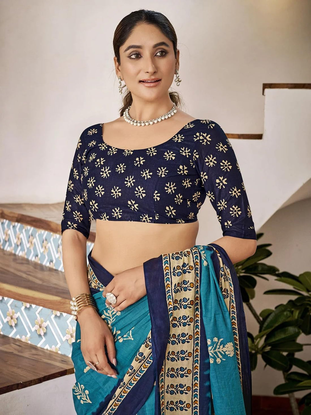 Ki2 FASHION Women Digital Printed Linen Cotton Zari Border Saree with Unstitched Blouse Piece