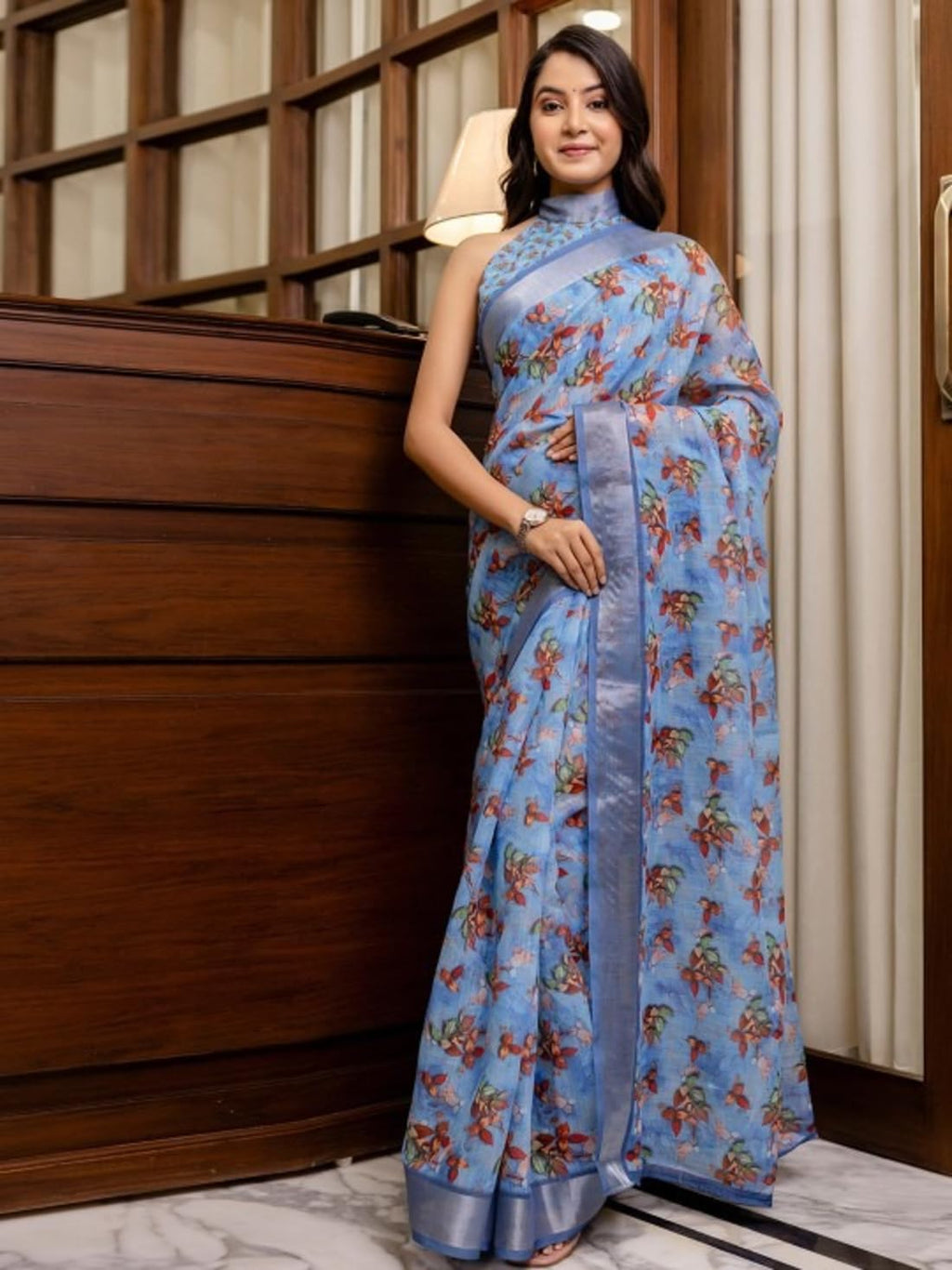 Ki2 FASHION Women Digital Printed Linen Cotton Zari Border Saree with Unstitched Blouse Piece