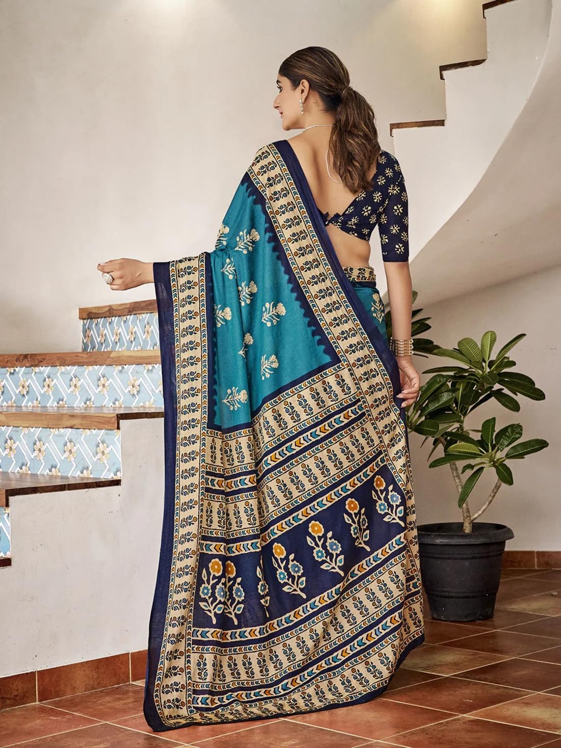 Ki2 FASHION Women Digital Printed Linen Cotton Zari Border Saree with Unstitched Blouse Piece