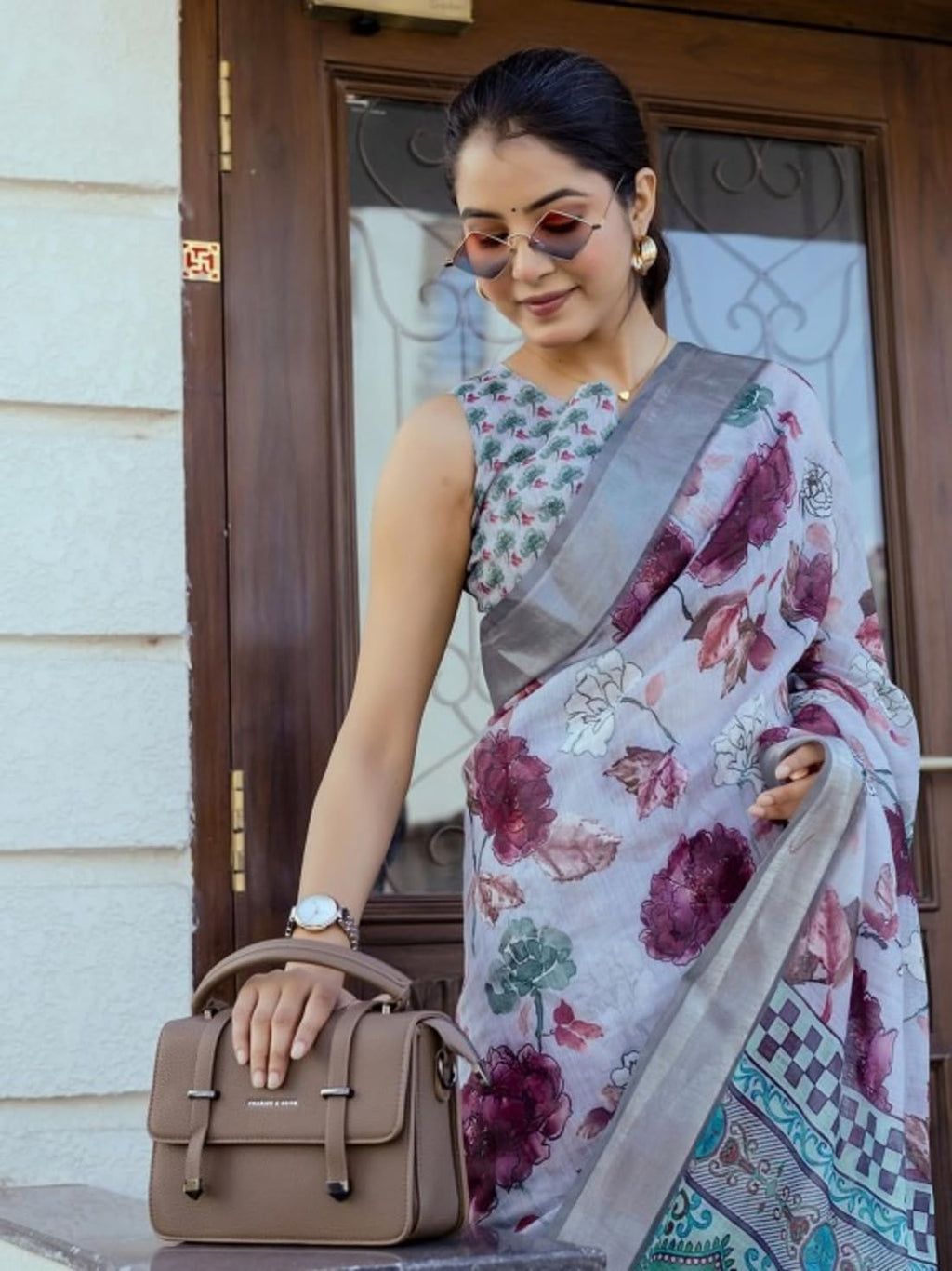 Ki2 FASHION Women Digital Printed Linen Cotton Zari Border Saree with Unstitched Blouse Piece