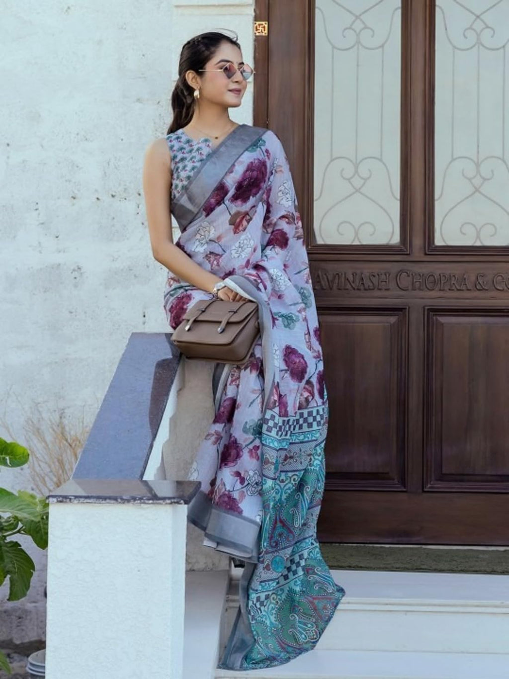 Ki2 FASHION Women Digital Printed Linen Cotton Zari Border Saree with Unstitched Blouse Piece