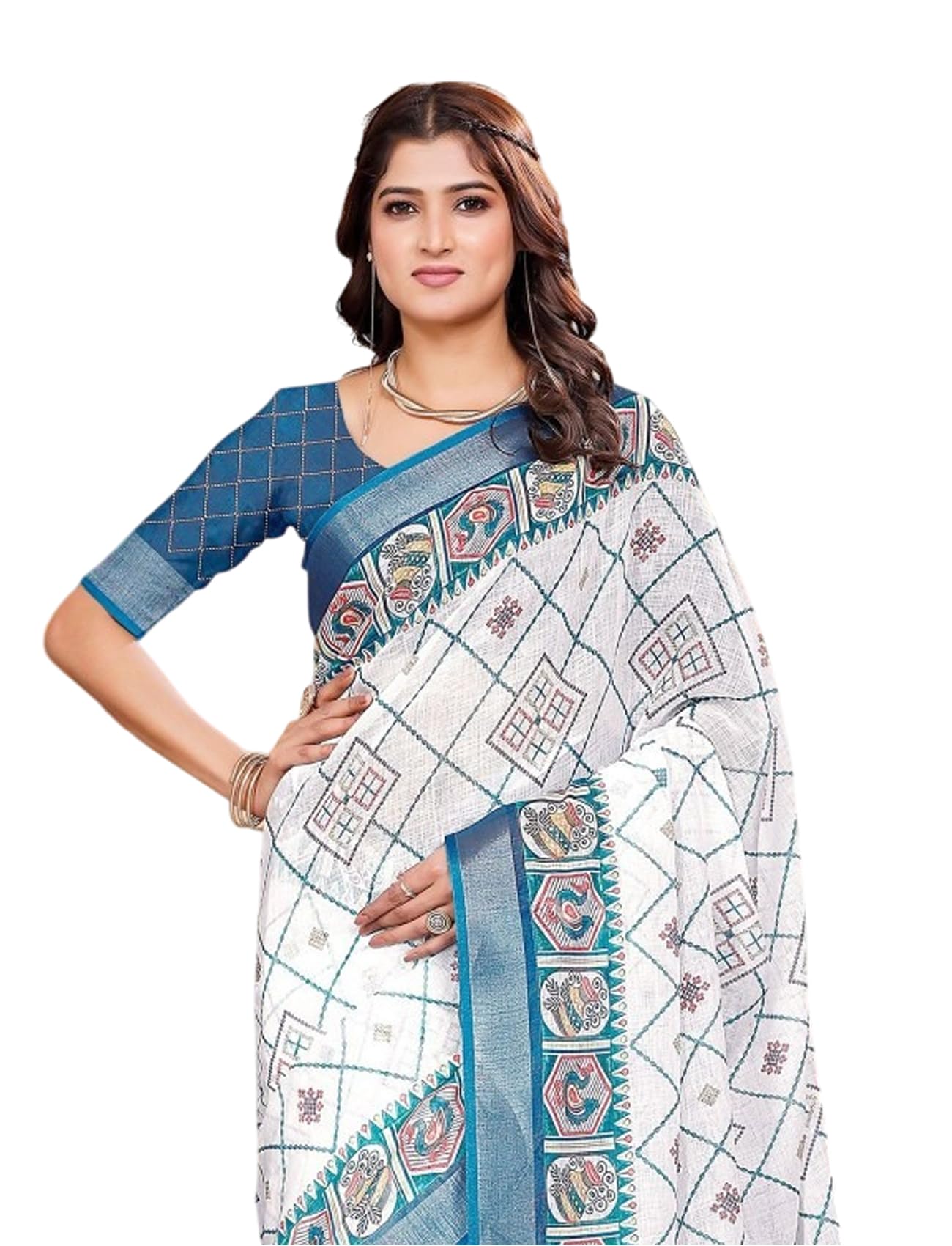 Ki2 FASHION Women Digital Printed Linen Cotton Zari Border Saree with Unstitched Blouse Piece
