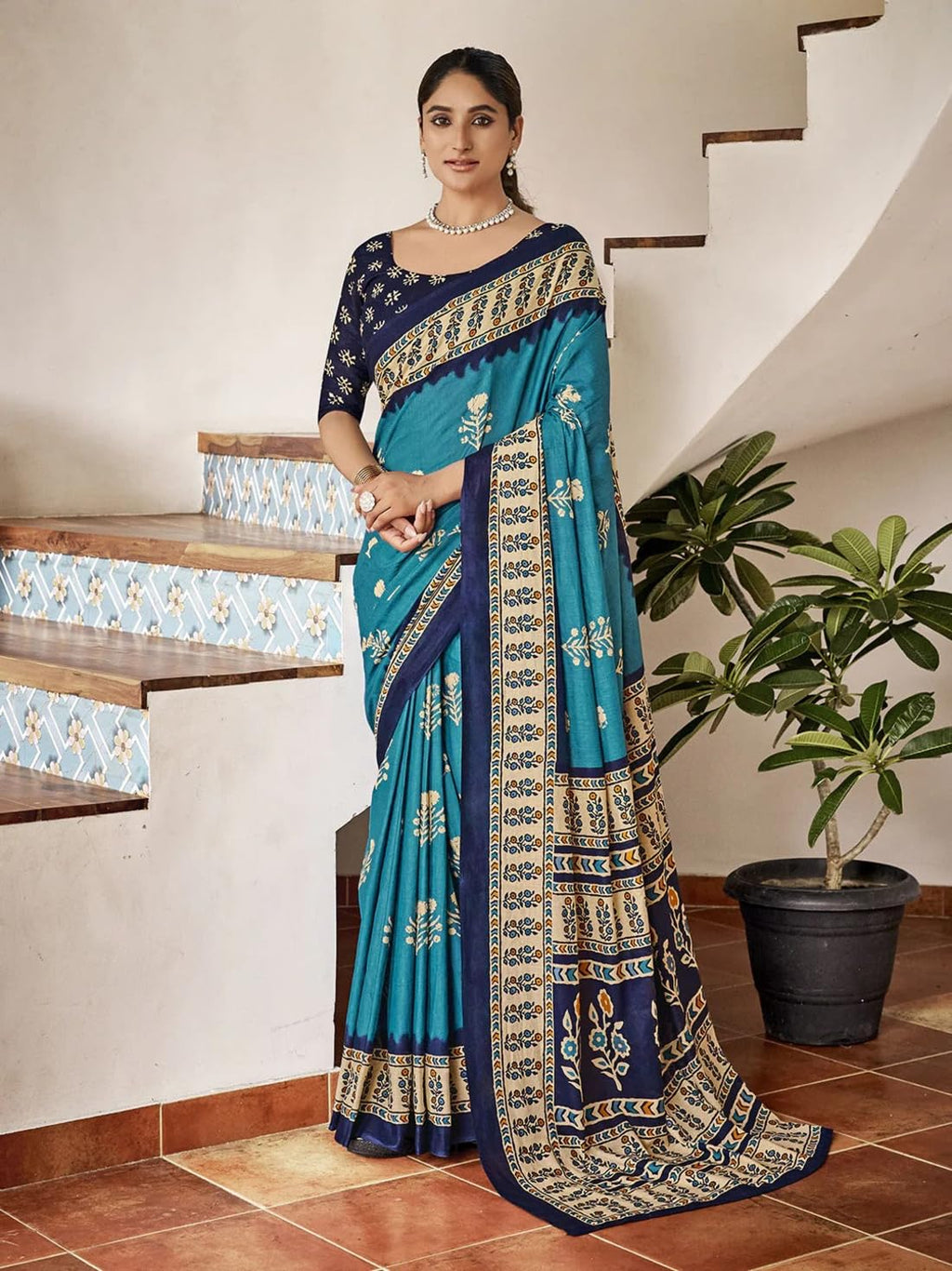 Ki2 FASHION Women Digital Printed Linen Cotton Zari Border Saree with Unstitched Blouse Piece