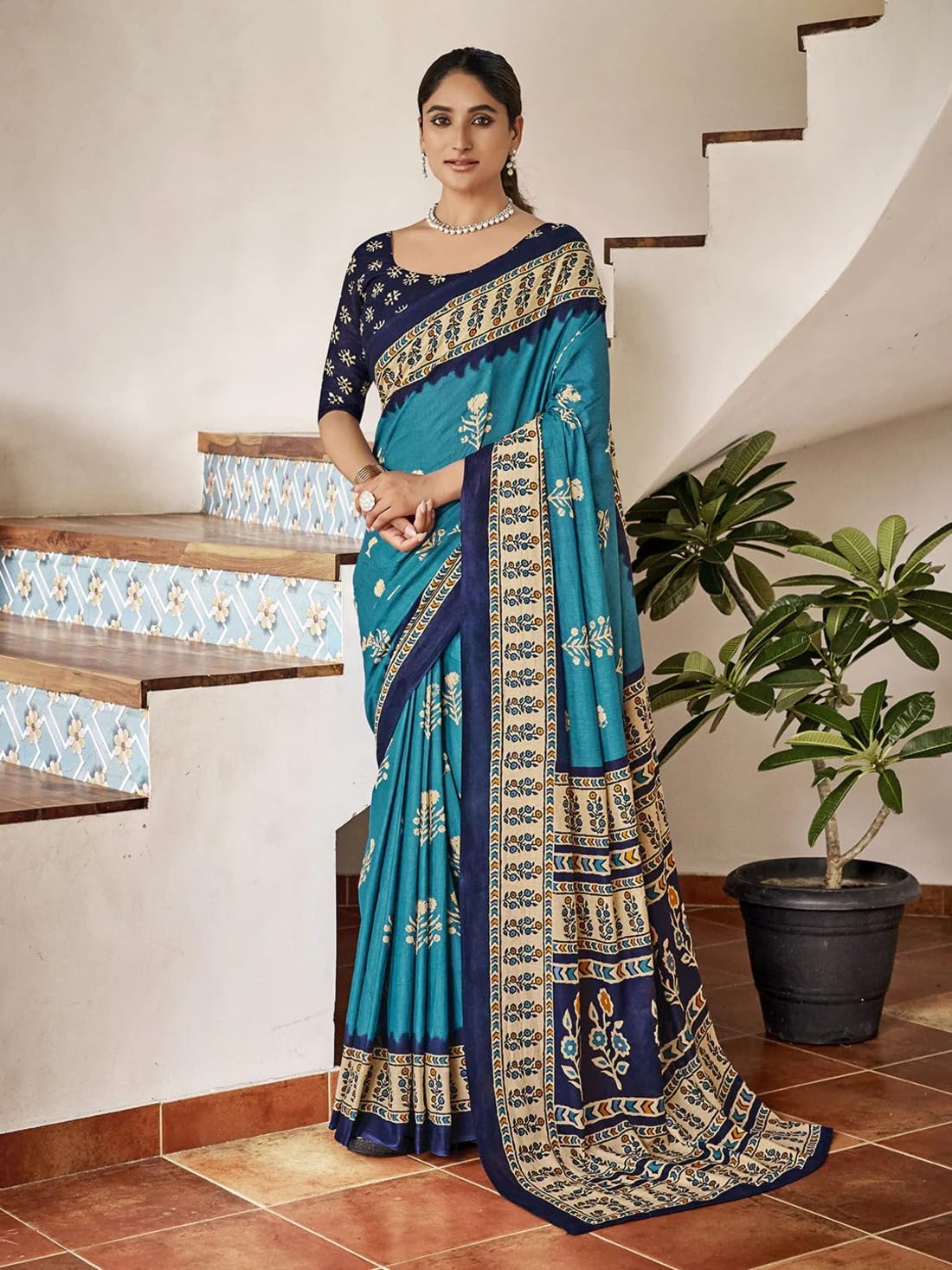 Ki2 FASHION Women Digital Printed Linen Cotton Zari Border Saree with Unstitched Blouse Piece
