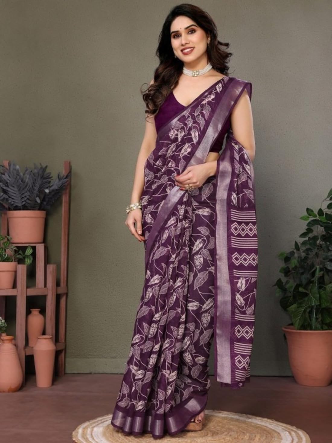 Ki2 FASHION Women Digital Printed Linen Cotton Zari Border Saree with Unstitched Blouse Piece