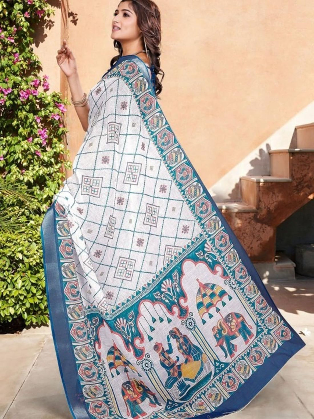 Ki2 FASHION Women Digital Printed Linen Cotton Zari Border Saree with Unstitched Blouse Piece