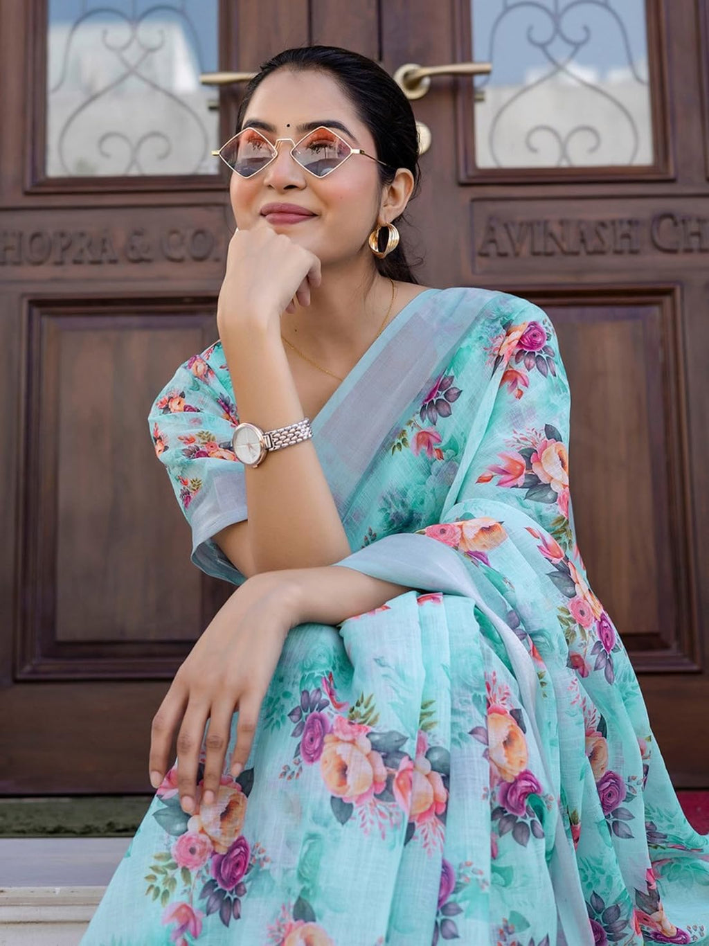 Ki2 FASHION Women Digital Printed Linen Cotton Zari Border Saree with Unstitched Blouse Piece