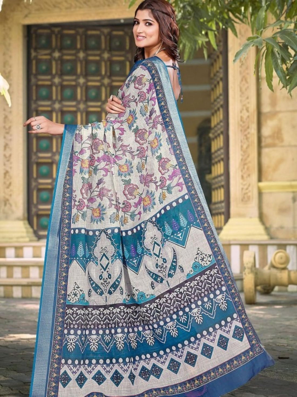 Ki2 FASHION Women Digital Printed Linen Cotton Zari Border Saree with Unstitched Blouse Piece