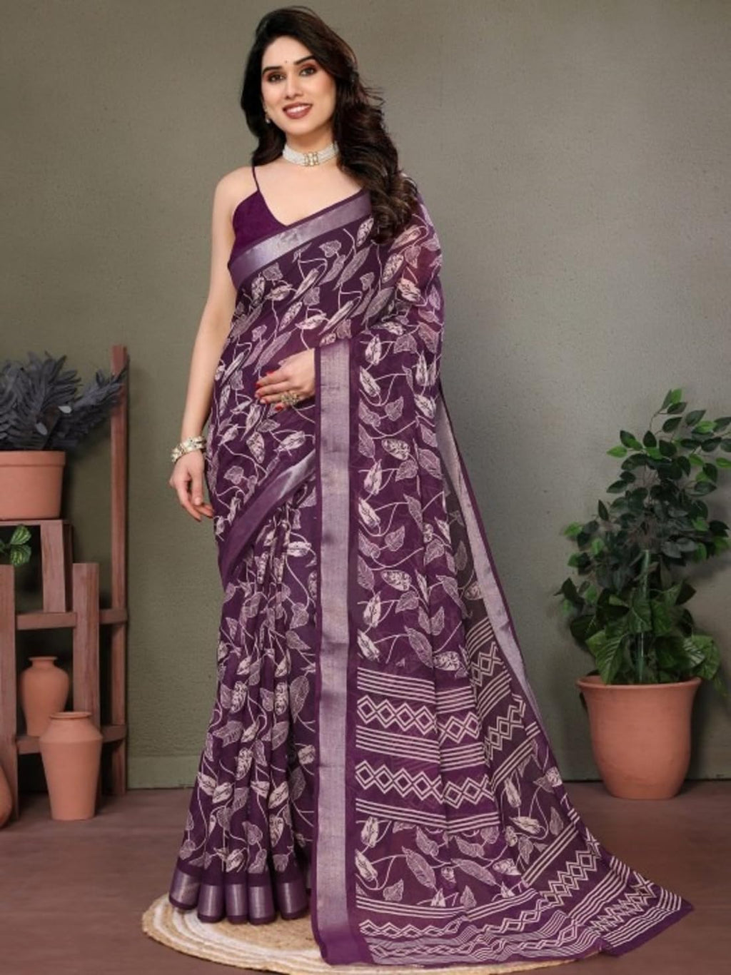 Ki2 FASHION Women Digital Printed Linen Cotton Zari Border Saree with Unstitched Blouse Piece
