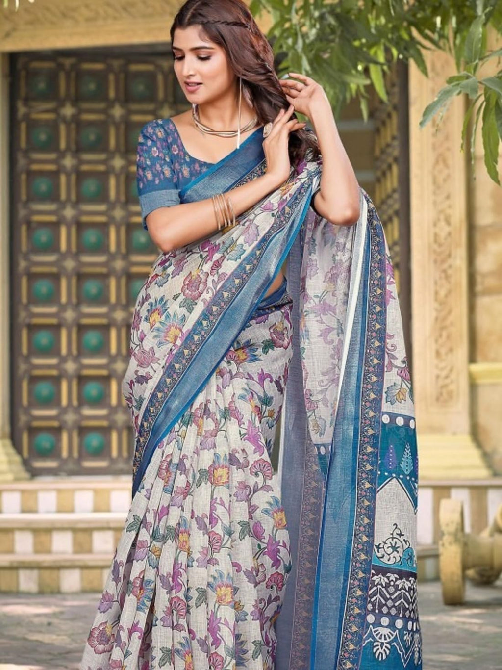 Ki2 FASHION Women Digital Printed Linen Cotton Zari Border Saree with Unstitched Blouse Piece