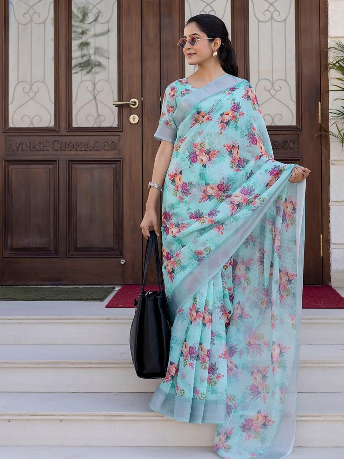 Ki2 FASHION Women Digital Printed Linen Cotton Zari Border Saree with Unstitched Blouse Piece