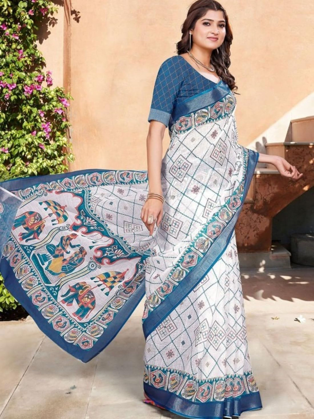 Ki2 FASHION Women Digital Printed Linen Cotton Zari Border Saree with Unstitched Blouse Piece
