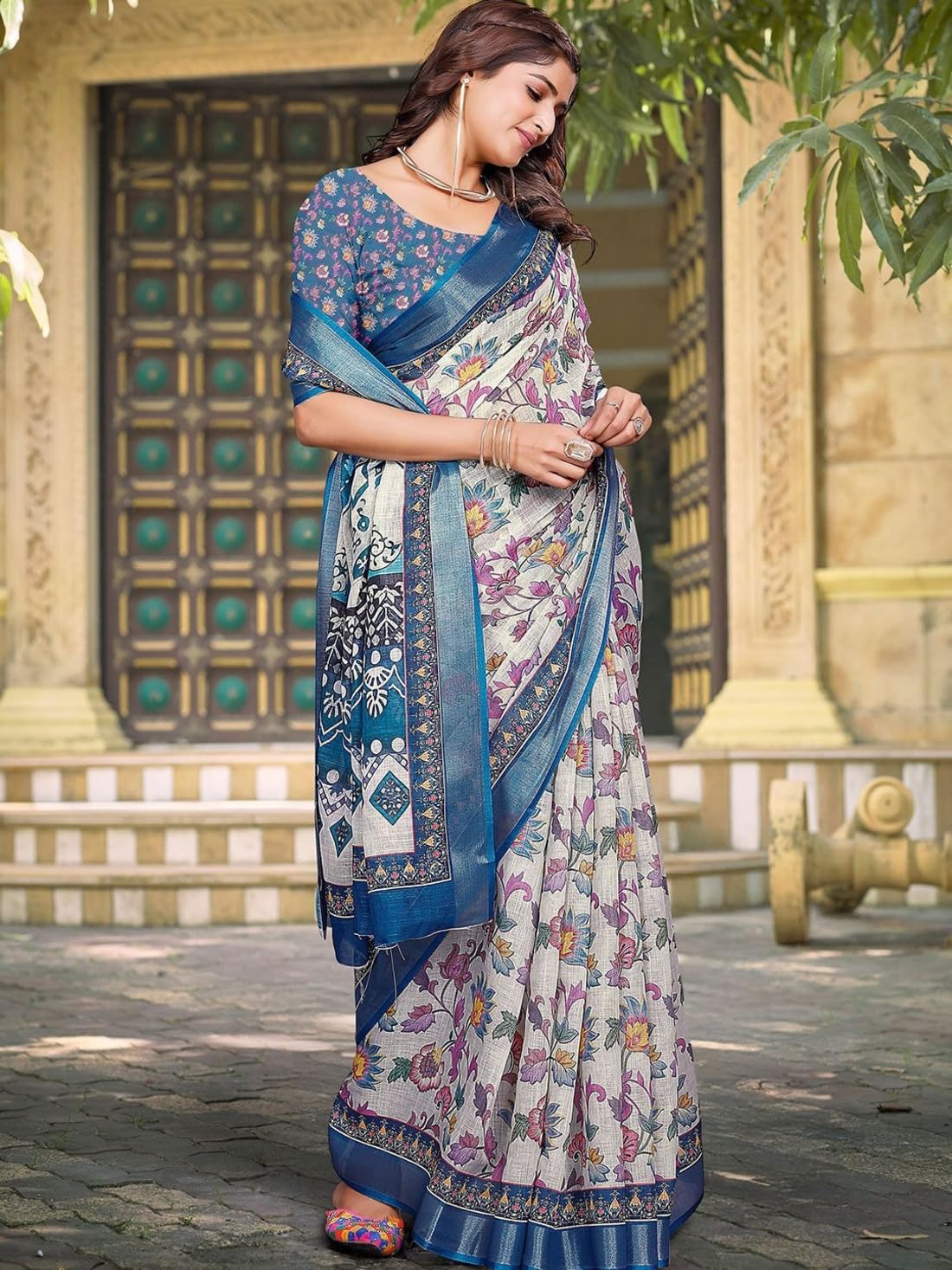 Ki2 FASHION Women Digital Printed Linen Cotton Zari Border Saree with Unstitched Blouse Piece